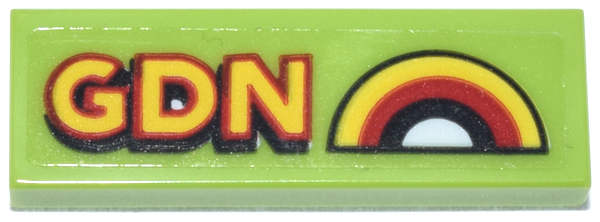 Lego Tile 1 x 3 with Red, Yellow and Black 'GDN' and Rainbow Pattern (Sticker) - Set 70657