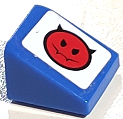 Lego Slope 30 1 x 1 x 2/3 with Red Devil Smiley Pattern Model Left (Sticker) - Set 8120 / Blue