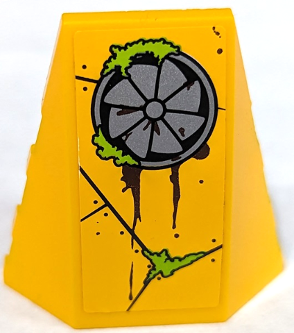 Lego Wedge 4 x 4 Triple Curved No Studs with Silver Fan, Metal Plates with Rivets, Oil Stains and Bright Green Moss Pattern Model Right Side (Sticker) - Set 70134 / Bright Light Orange