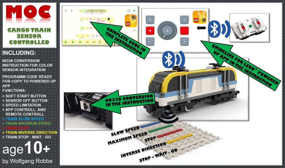 Lego Cargo Train 60336 with Colour Sensor update and Powered Up App control panel 88007
