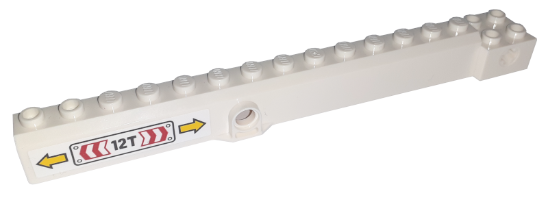 Lego Crane Arm Outside, Wide with Pin Hole at Mid-Point with Black '12T' and Red, White And Yellow Arrows Pattern on Both Sides (Stickers) - Set 60198 / White