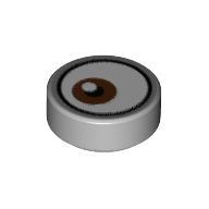 Lego Tile Round 1 x 1 with Reddish Brown Eye Looking Right (White Dot on Top) print / Light Bluish Gray