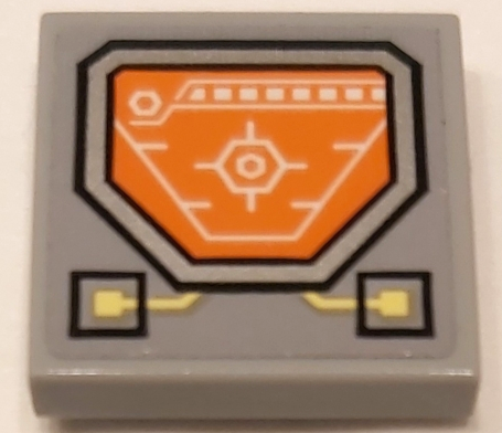Lego Tile 2 x 2 with Orange Head-Up Display (HUD), Circuitry and Buttons Pattern (Sticker) - Set 70322 / Light Bluish Gray