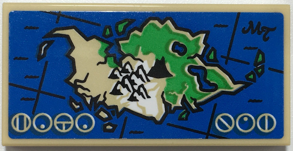 Lego Tile 2 x 4 with Map Island with Mountains, 'MT' and Bionicle Logogram 'MATA NUI' Pattern (Sticker) - Set 70657 / Tan