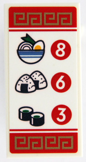 Lego Tile 2 x 4 with Menu, Bowl of Ramen Soup, Onigiri, Sushi Cucumber Maki Rolls, Numbers 8, 6 and 3 on Red Circles and Gold Ornamental Border Pattern (Sticker) - Set 31131 / White