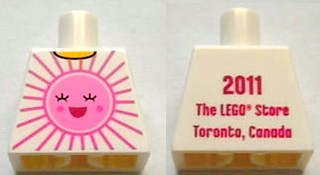Lego Torso Shirt with Bright Pink and Dark Pink Sun with Face with Red Open Mouth Smile, Yellow Neck, '2011 The LEGO Store Toronto, Canada' on Back Pattern / White