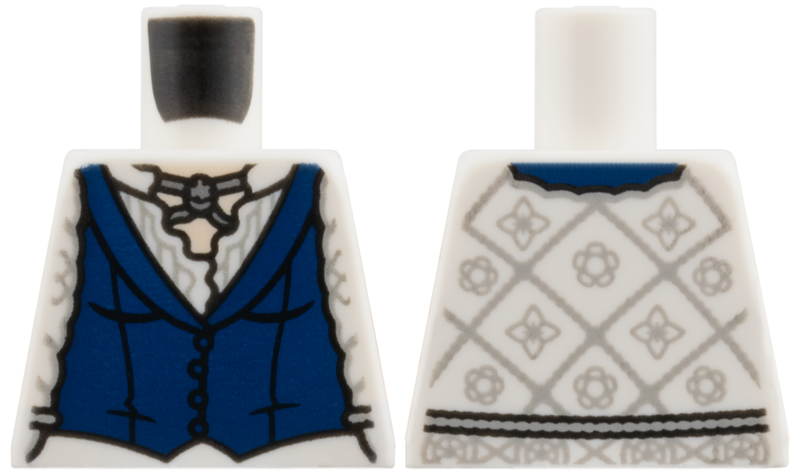 Lego Torso Female Dark Blue Vest, White Blouse with Light Bluish Gray Squares and Flowers, Light Nougat Neck Pattern / White
