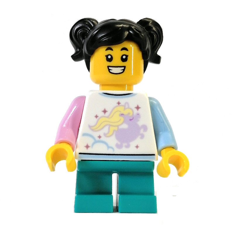 Lego White Torso, Dark Turquoise Legs, Black Hair