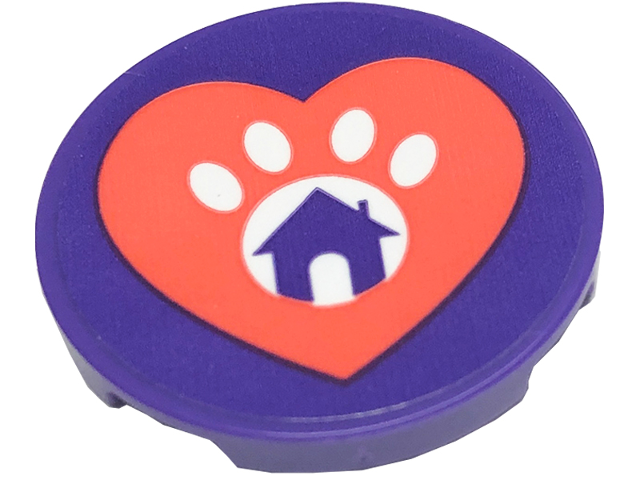 Lego Tile, Round 3 x 3 with Coral Heart, Dark Purple House and White Paw Print Pattern (Sticker) - Set 41699 / Dark Purple