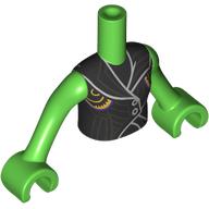 Lego Minidoll Torso Girl with Bright Green Arms and Hands with Black Jacket, Silver Trim, Buttons, Gold Decorations print / Bright Green