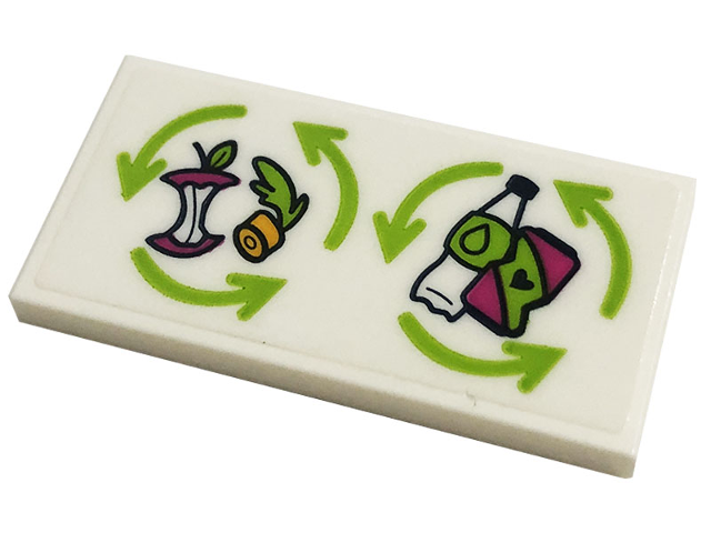 Lego Tile 2 x 4 with Lime Recycling Arrows, Apple Core, Carrot Top, Bottle and Can Pattern (Sticker) - Set 41444