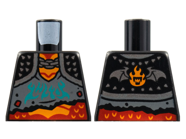 Lego Torso Spiked Shoulder Pads with Silver Chain over Dark Bluish Gray Tattered Shirt with Dark Turquoise Shapes, Red Neck and Stomach with Orange Scales Pattern / Black