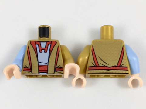 Lego Torso Robe over Bright Light Blue Shirt, Red Belt and Trim Pattern / Pearl Gold Arm Left / Bright Light Blue Arm Right / Light Nougat Hands