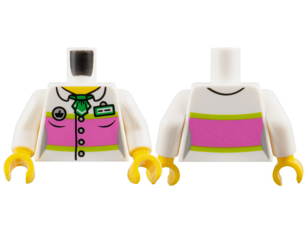 Lego Torso Female Blouse with Buttons, Dark Pink Panel and Name Badge Pattern / White Arms / Yellow Hands