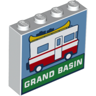 Lego Brick 1 x 4 x 3 with Red/White RV, Medium Blue Background, White On Green 'Grand Basin' / White