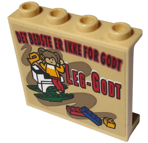 Lego Panel 1 x 4 x 3 with Side Supports - Hollow Studs with 'DET BEDSTE ER IKKE FOR GODT', 'LEG-GODT' and Minifigure on Rocking Horse Pattern (Sticker) - Set 10292 / Tan