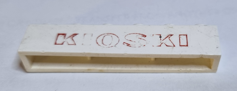 Lego Brick 1 x 6 without Bottom Tubes with Cross Side Supports with Red 'KIOSKI' Sans-Serif Bold Pattern / White