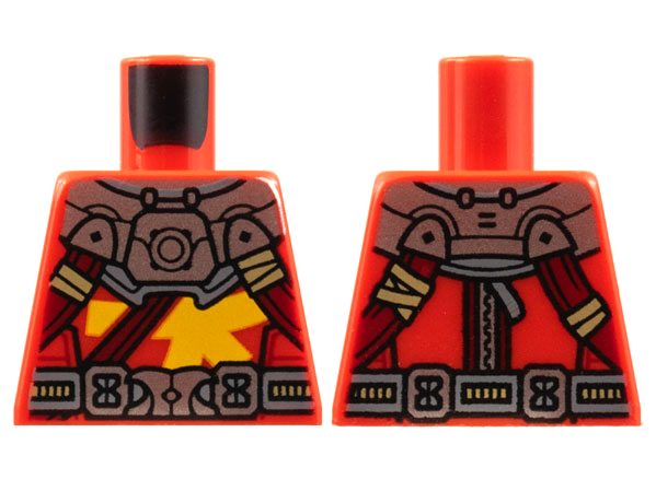 Lego Torso Silver Armor and Buckle, Dark Red Straps, Bright Light Orange Bars Pattern / Red