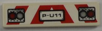Lego Tile 1 x 4 with Red and Silver Lights and 'P-U11' and Red and White Danger Stripes Pattern (Sticker) - Set 8186 / White