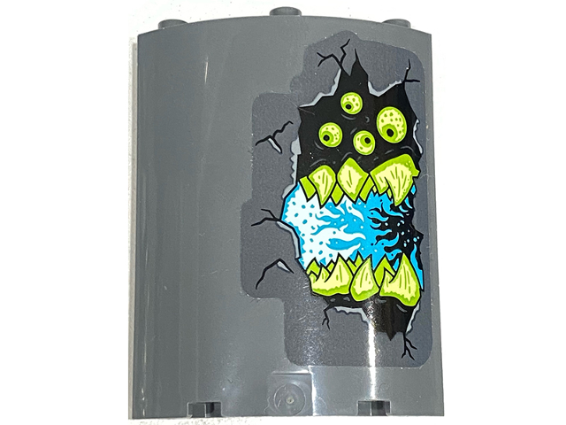Lego Cylinder Quarter 4 x 4 x 6 with Lime and Yellowish Green Monster Eyes and Teeth, Black Cracks and Medium Azure Lava Pattern Model Left Side (Sticker) - Set 70437 / Dark Bluish Gray