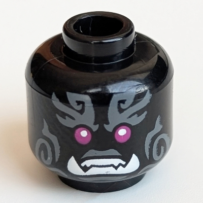 Lego Minifig Head, Magenta Eyes, White Sharp Teeth, Fangs, Dark Bluish Gray Markings Print