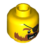 Lego Minifig Head Bucko / Pirate, Eyepatch, Dark Orange Beard with Messy Hair and Moustache, Gold Teeth Print / Yellow
