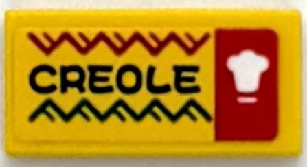 Lego Tile 1 x 2 with Zigzags, Black 'CREOLE' and White Symbol on Red Background Pattern (Sticker) - Set 76294 / Yellow