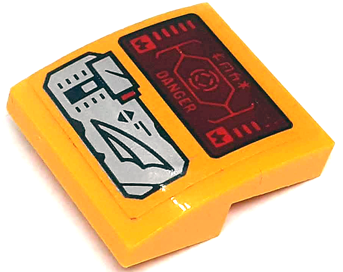 Lego Slope, Curved 2 x 2 x 2/3 with Silver Control Panel and Lever, Dark Red Head-Up Display (HUD) with Red 'DANGER' and Ninjago Logogram 'LOCK' Pattern (Sticker) - Set 71748 / Bright Light Orange