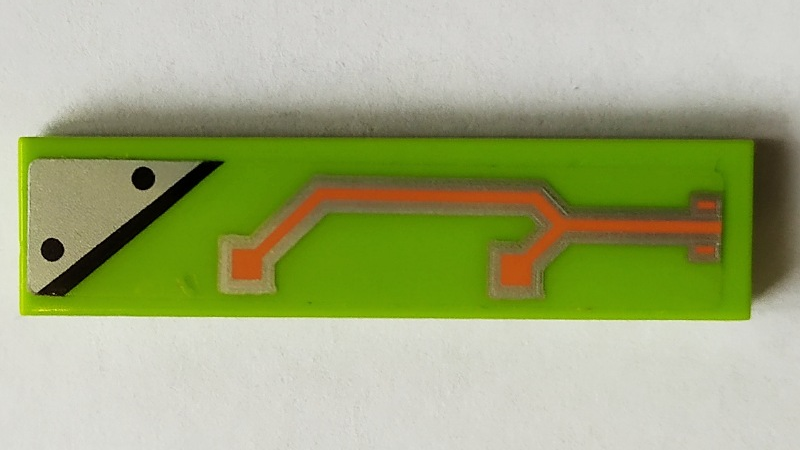 Lego Tile 1 x 4 with Orange Circuitry and Silver Plate Pattern Model Left Side (Sticker) - Set 70355