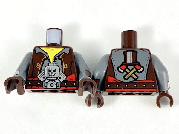 Lego Torso Vest, Dark Bluish Gray Shirt, Silver Minifigure Skull Pattern / Dark Bluish Gray Arms with Dark Brown and Silver Cuffs Pattern / Dark Brown Hands
