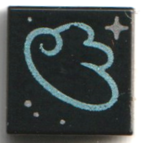Lego Tile 1 x 1 with Medium Azure Squiggly Line, Silver Stars Print / Black