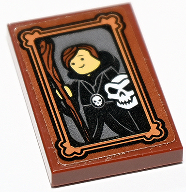 Lego Tile 2 x 3 with Portrait of Sorcerer Minifigure in Black Cloak with Wooden Staff and White Skull Pattern (Sticker) - Set 71722 / Reddish Brown