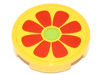 Lego Tile, Round 2 x 2 with Bottom Stud Holder with Flower with Red Petals and Lime Center Pattern (Sticker) - Set 76035 / Yellow
