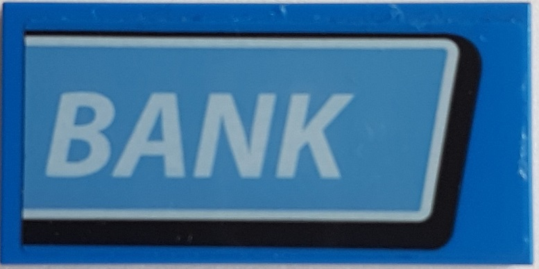 Lego Tile 2 x 4 with White 'BANK' on Medium Blue Background Pattern (Sticker) - Set 76082 / Blue
