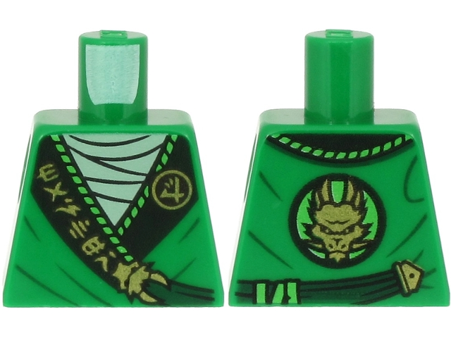 Lego Torso Tunic, Sand Green Shirt, Wide Black Hems with Gold Ninjago Logogram 'MASTER' and Dragon Pattern / Green