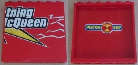 Lego Panel 1 x 6 x 5 with 'tning McQueen' Outside and 'PISTON CUP' Inside Pattern (Stickers) - Set 8486 / Red