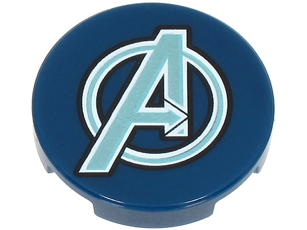 Lego Tile, Round 2 x 2 with Bottom Stud Holder with Metallic Light Blue and White Avengers Logo Pattern / Dark Blue