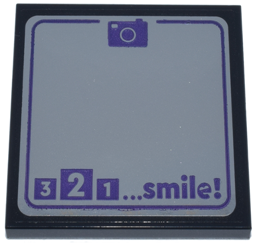 Lego Tile 4 x 4 with Dark Purple Mirror Outline, Camera and  '3 2 1 ... smile!' Pattern (Sticker) - Set 42661 / Black