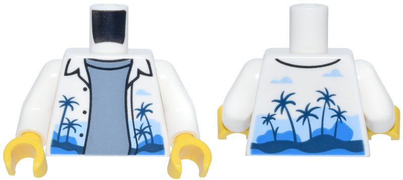 Lego Torso Hawaiian Shirt Open with Dark Blue Palm Trees over Sand Blue Shirt Pattern / White Arms / Yellow Hands