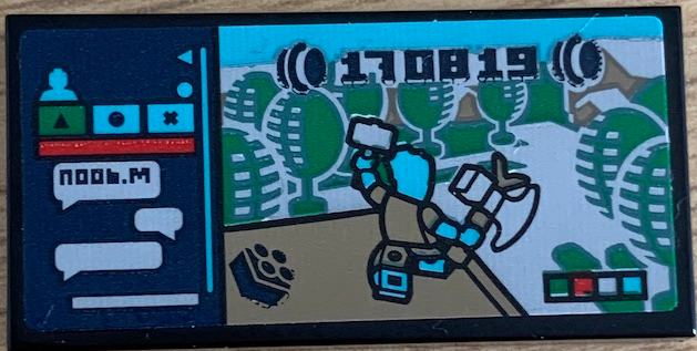Lego Tile 2 x 4 with Thor Video Game with Trees, 'noob.M', Chat Bubbles and '170819' Pattern (Sticker) - Set 76200 / Black
