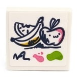 Lego Tile 2 x 2 with Painting of Banana, Apple, Watermelon Slice with Paint Splotches and Signature Pattern (Sticker) - Set 41682 / White
