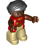 Lego Duplo Figure with Thick Short Hair Combed over Forehead and Bun Black, Red Top - Reddish Brown Face, Arms, and Hands - Tan Legs / Red