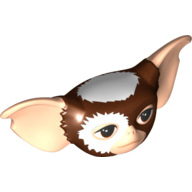 Lego Minifig Head Special with Light Nougat Ears and Face, Dark Brown Eyes, White Fur on Head and Around Right Eye Print (Gremlin Mogwai) / Reddish Brown