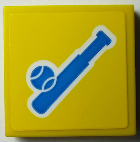 Lego Tile 2 x 2 with Dark Azure Baseball and Bat with White Outline Pattern (Sticker) - Set 40385 / Yellow