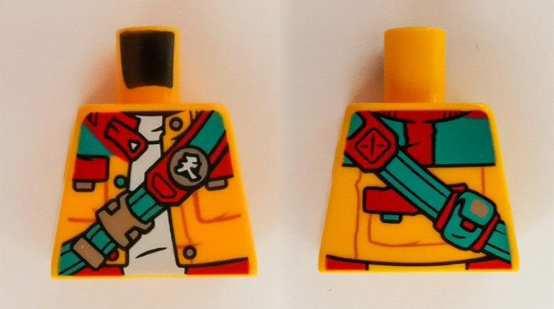 Lego Torso Jacket with Pockets, White Shirt, Dark Turquoise and Red Strap with Chinese Logogram '天' (Sky) Button Pattern / Bright Light Orange