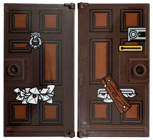 Lego Door 1 x 4 x 6 with Stud Handle with Knocker and Overflowing Letters in Mail Slot, Locks and Board with Wood Grain and Nails Pattern on Both Sides (Stickers) - Set 76451 / Reddish Brown