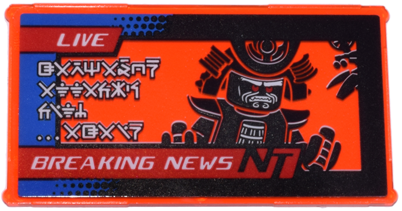 Lego Glass for Window 1 x 4 x 6 with Garmadon, 'LIVE', 'BREAKING NEWS NT', Ninjago Logogram 'GARMADON ATTACKS CITY ...AGAIN' Pattern (Sticker) - Set 70657 / Trans-Neon Orange