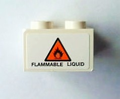 Lego Brick 2 x 3 with Orange Danger Triangle and 'FLAMMABLE LIQUID' Pattern on End (Sticker) - Set 8154 / White