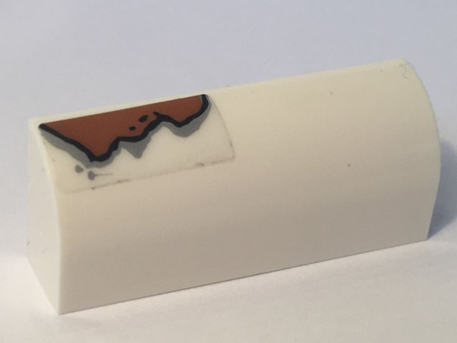 Lego Slope, Curved 1 x 4 x 1 1/3 with Rust Pattern (Sticker) - Set 10274 / White