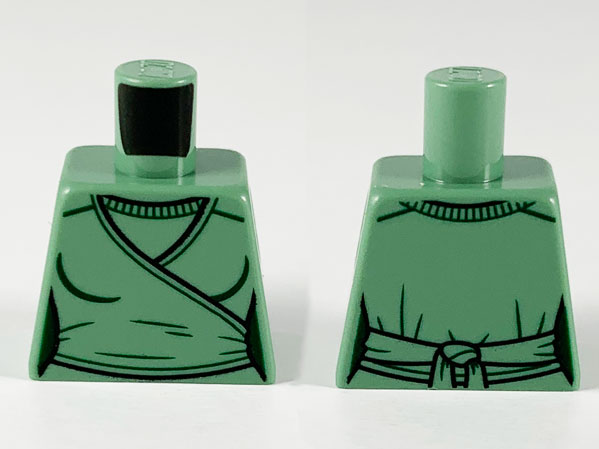 Lego Torso Female Wrap-Around Tunic with Black Hems and Dark Green Contours Pattern / Sand Green